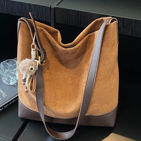 Vintage PU Leather Large Capacity Tote Bag For Women Retro Color Block Splicing Shoulder Bag Commute Versatile Crossbody Bag