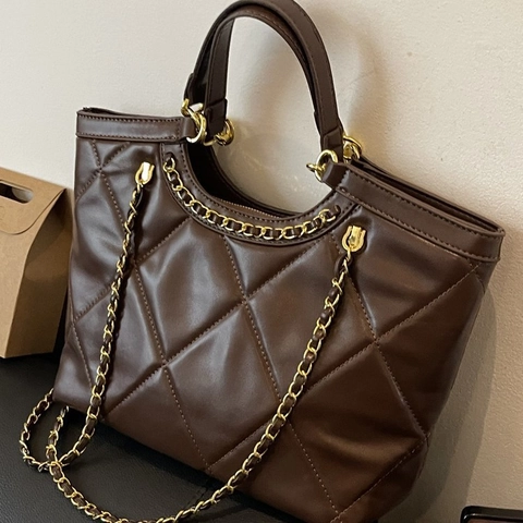 Women Retro PU Leather Diamond Lattice Tote Bag With Chain Strap Large Capacity Commuter Shoulder Crossbody Bag For Daily Work