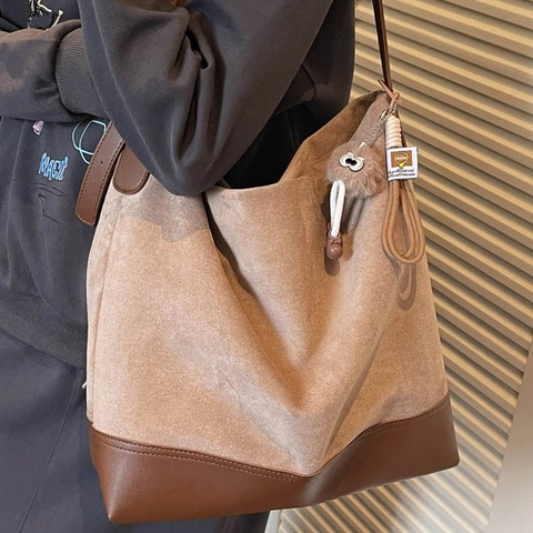 Vintage PU Leather Large Capacity Tote Bag For Women Retro Color Block Splicing Shoulder Bag Commute Versatile Crossbody Bag