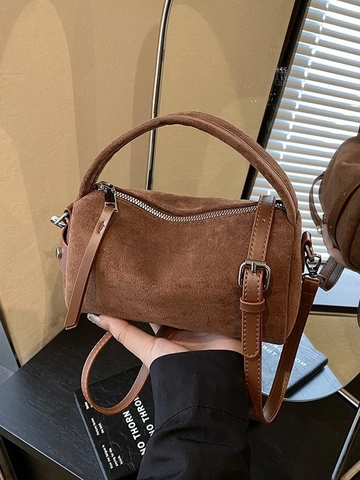 Women's Retro Frosted Suede PU Crossbody Bag Small Barrel Pillow Handbag Commuter Casual Solid Color Purse With Shoulder Strap