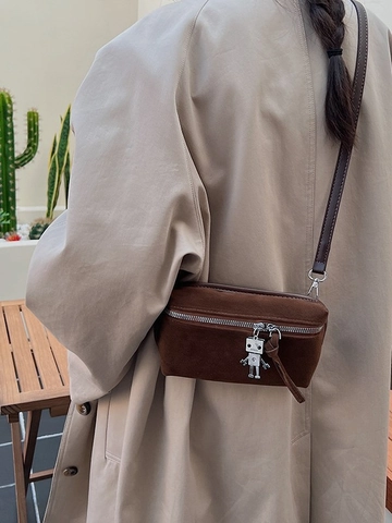 Vintage Suede Crossbody Bag For Women With Metal Robot Pendant Minimalist Frosted Small Square Phone Bag Shoulder Bag