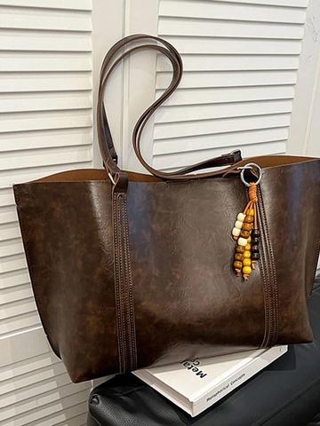Vintage PU Leather Large Capacity Tote Bag For Women Retro Solid Color Shoulder Bag With Wooden Bead Pendant Office Daily Commute