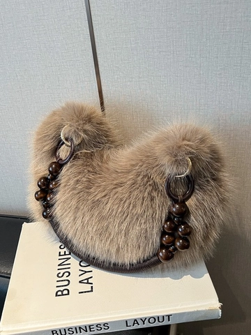 Bolso Hobo de Axila de Piel Sintética para Mujer Otoño Invierno Bolso de Felpa Con Correa de Cuentas de Madera Única