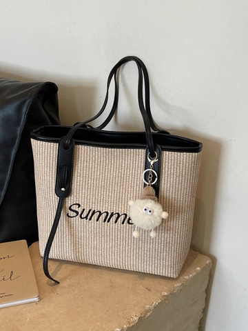 Damen Große Kapazität Gewebte Stroh Tragetasche Sommer Buchstaben Stickerei Umhängetasche Mit Plüschanhänger Lässig Strand Urlaub Tasche