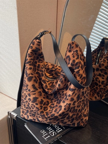Women Vintage Leopard Print Bucket Bag Large Capacity Flannelette Shoulder Bag Korean Fashion PU Strap Crossbody Handbag