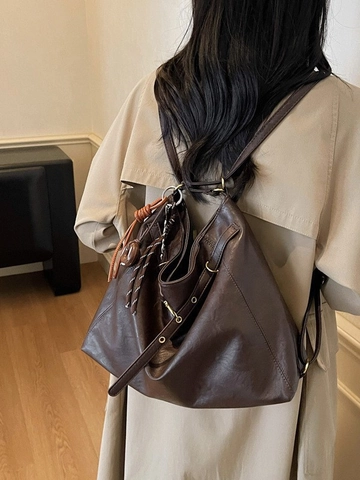 Damen PU Leder Umhängetasche Mit Großer Kapazität Vintage Falten Pendler Tragetasche Multifunktionaler Rucksack Mit Anhänger