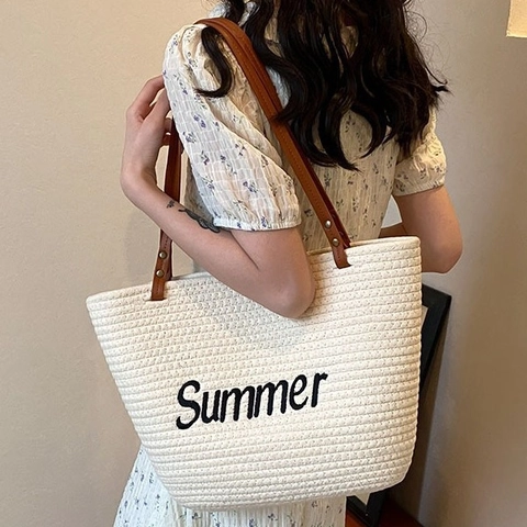 Bolso Tote de Paja Tejida de Verano para Mujer Bolso de Hombro de Gran Capacidad Con Bordado de Letras Summer Asa de PU