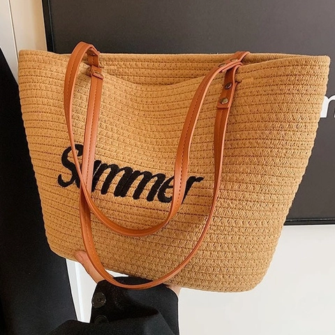 Bolso Tote de Paja Tejida de Verano para Mujer Bolso de Hombro de Gran Capacidad Con Bordado de Letras Summer Asa de PU
