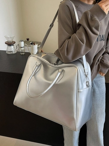 Damen Große Kapazität PU Leder Tote Bag Mode Metallic Silber Rosa Schwarz Pendler Schultertasche Reise Handtasche Mit Riemen