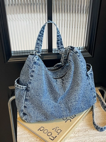 Borsa a Spalla in Denim Lavato Retrò per Donna Grande Capacità Borsa Hobo a Tracolla Versatile Borsa Messenger Casual Con Cuciture a Contrasto