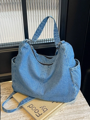 Borsa a Spalla in Denim Lavato Retrò per Donna Grande Capacità Borsa Hobo a Tracolla Versatile Borsa Messenger Casual Con Cuciture a Contrasto