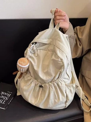 Large Capacity Nylon Backpack For Women Minimalist Japanese Style Travel School Bag With Cute Plush Coffee Cup Charm Versatile Daypack