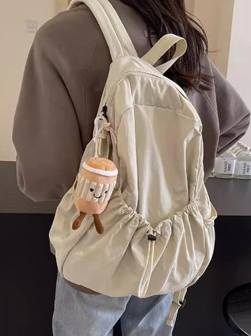 Large Capacity Nylon Backpack For Women Minimalist Japanese Style Travel School Bag With Cute Plush Coffee Cup Charm Versatile Daypack