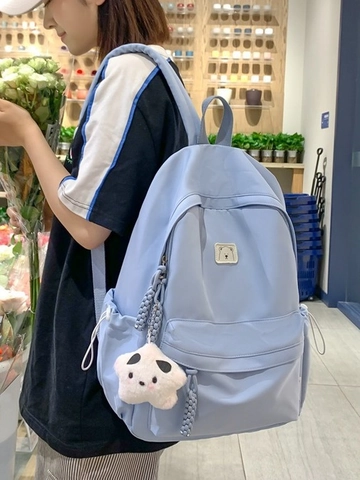 Korean Style Large Capacity Nylon School Backpack For Teen Girls Students Waterproof Travel Bookbag With Cartoon Bear Pendant