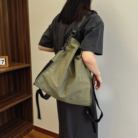 Mochila de Nailon con Cordón a la Moda para Mujer Gran Capacidad Impermeable Bolso Tote Sencillo Color Sólido Viaje Diario Bolso de Hombro