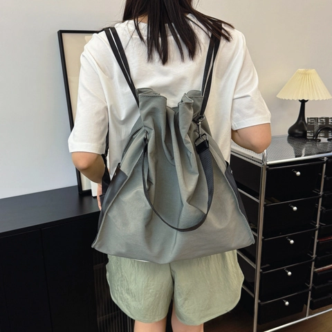 Mochila de Nailon con Cordón a la Moda para Mujer Gran Capacidad Impermeable Bolso Tote Sencillo Color Sólido Viaje Diario Bolso de Hombro