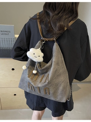 Large Capacity PU Leather Hobo Bag For Women Vintage Letter Print Shoulder Bag Versatile Travel Backpack With Plush Charm