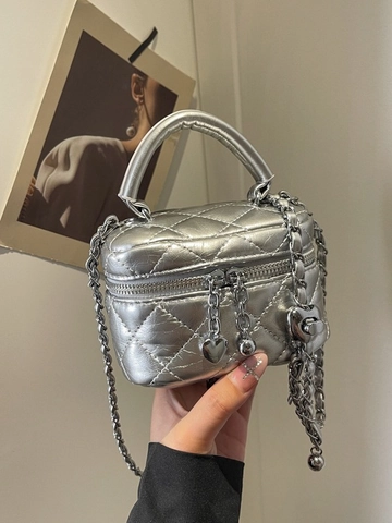 Mini Borsa Vanity Trapuntata da Donna Borsa a Tracolla in Pelle PU Scatola Ciondolo a Cuore Catena d'Argento Piccola Borsa