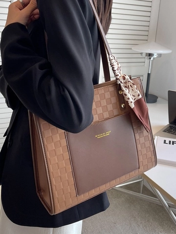 Borsa Tote in Pelle PU a Quadri da Donna di Moda Borsa a Tracolla di Grande Capacità Con Foulard di Seta Decorativo