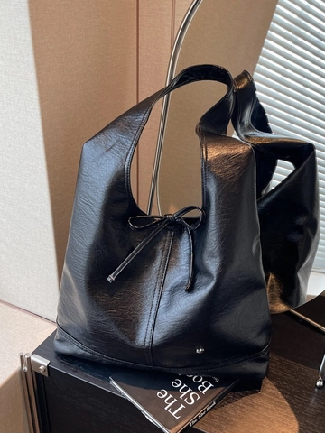 Women Retro Large Capacity PU Leather Tote Bag Fashion Hobo Shoulder Bag With Bow Decoration Solid Color Commuting Handbag