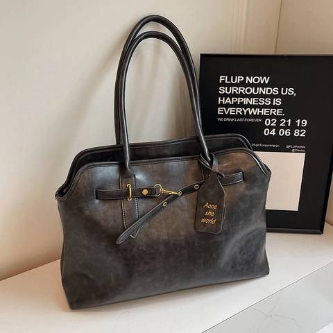 Vintage PU Leather Large Capacity Tote Bag For Women Retro Distressed Shoulder Bag Minimalist Solid Color Handbag Office Daily