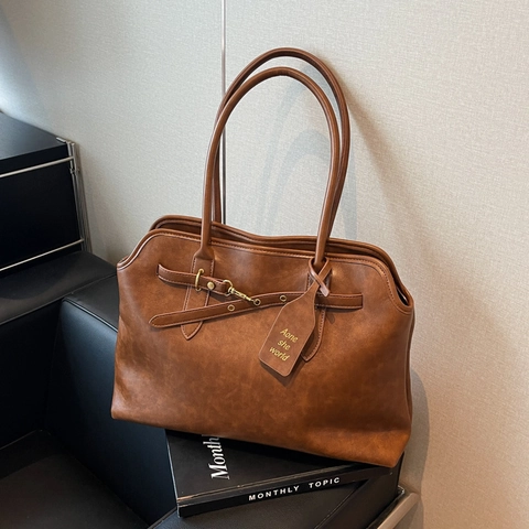 Vintage PU Leather Large Capacity Tote Bag For Women Retro Distressed Shoulder Bag Minimalist Solid Color Handbag Office Daily