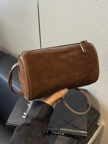 Damen Retro PU Leder Barrel Umhängetasche Minimalistische Wildledertextur Kissentasche Mit Kontrastnähten Lässige Handtasche