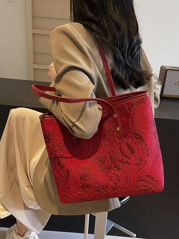 Bolso Tote de Mujer Gran Capacidad Vintage Jacquard Bordado Tela Bolso de Hombro Elegante Pata de Gallo Corazón Bolso Trabajo
