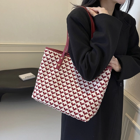 Bolso Tote de Mujer Gran Capacidad Vintage Jacquard Bordado Tela Bolso de Hombro Elegante Pata de Gallo Corazón Bolso Trabajo