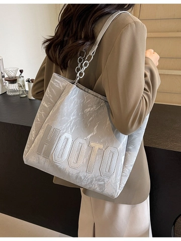 Damen Große Kapazität PU Leder Tote Bag Mode Plissiert Buchstaben Patch Schultertasche Mit Kettenriemen Pendeltasche
