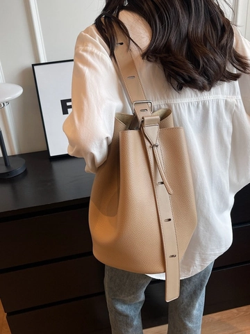 Borsa a Secchiello Grande Capacità Moda Vintage per Donna in Pelle PU Motivo Litchi Borsa a Spalla Minimalista Borsa Pendolare Versatile