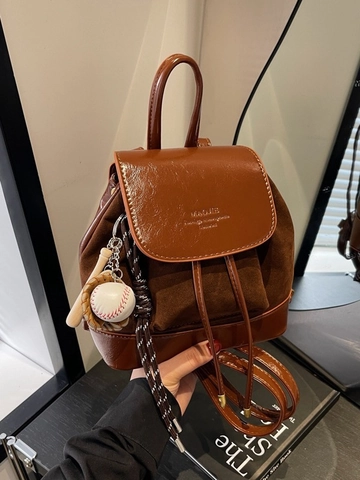 Fashion Women Mini Backpack Vintage PU Leather Suede Patchwork College Bookbag With Baseball Charm Travel Shoulder Bag