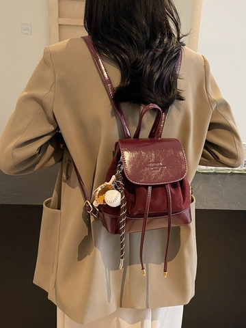 Fashion Women Mini Backpack Vintage PU Leather Suede Patchwork College Bookbag With Baseball Charm Travel Shoulder Bag