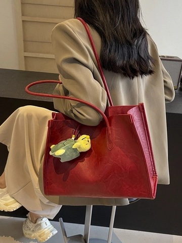 Large Capacity Retro PU Leather Tote Bag For Women Vintage Shoulder Bag With Turtle Charm Casual Daily Shopper Handbag