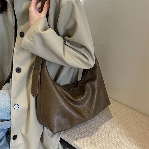 Women Large Capacity PU Leather Hobo Bag Minimalist Solid Color Shoulder Bag For Everyday Commute Fashion Stitching Satchel