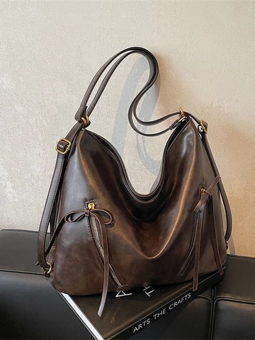 Vintage Large Capacity Women PU Leather Backpack Hobo Tote Bag With Bow Decoration Oil Wax Texture Commuter Travel Bag