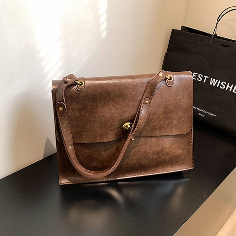 Borsa a Tracolla Donna Vintage in Pelle PU Grande Capacità Borsa a Spalla Con Serratura in Metallo Urbano Semplice Borsa