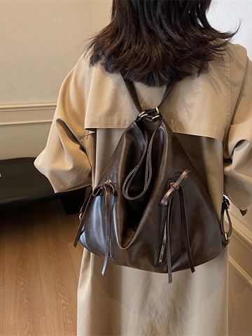 Vintage Large Capacity Women PU Leather Backpack Hobo Tote Bag With Bow Decoration Oil Wax Texture Commuter Travel Bag