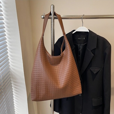 Vintage Geflochtene Tragetasche Für Damen Große Kapazität PU Leder Umhängetasche Mode Urban Minimalistisch Hobo Handtasche Arbeit