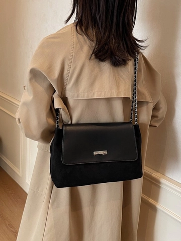 Sac Sous le Bras Rétro en Cuir PU Épissé pour Femme Sac à Bandoulière à Rabat avec Chaîne Argentée pour le Quotidien