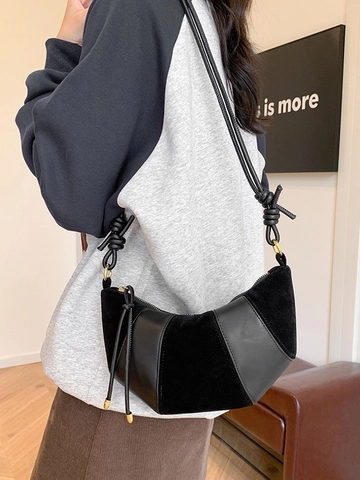 Vintage Velvet Patchwork Croissant Bag For Women Stylish Knot Strap Shoulder Bag Casual Crossbody Dumpling Bag Daily Handbag