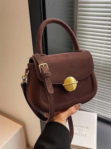 Women Retro PU Leather Saddle Bag Small Solid Color Crossbody Shoulder Bag With Metal Circle Buckle High End Daily Handbag
