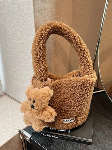 Damen Plüsch Eimertasche Herbst Winter Kunstfell Umhängetasche Mit Bär Anhänger Flauschige Crossbody Handtasche Weiche Vlies Tote