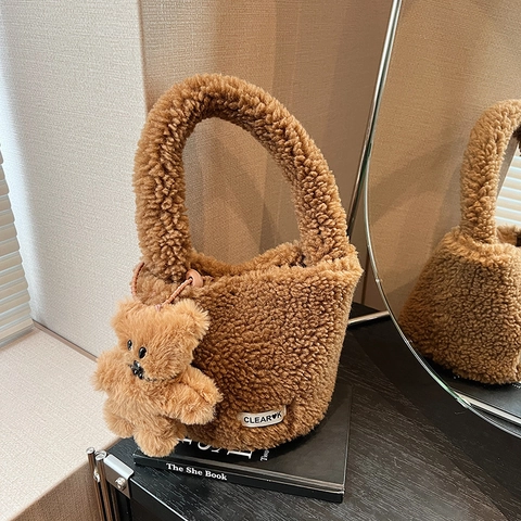 Damen Plüsch Eimertasche Herbst Winter Kunstfell Umhängetasche Mit Bär Anhänger Flauschige Crossbody Handtasche Weiche Vlies Tote