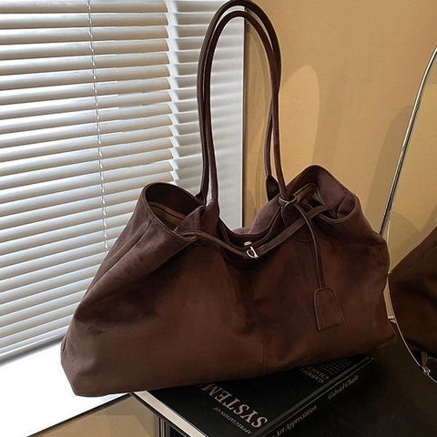 Borsa Tote Grande Capacità Vintage Sofisticata per Donna Inverno Moda Flanella Texture Scamosciata Pendolare Borsa Sottoascellare