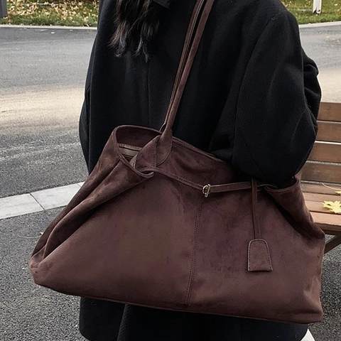 Borsa Tote Grande Capacità Vintage Sofisticata per Donna Inverno Moda Flanella Texture Scamosciata Pendolare Borsa Sottoascellare