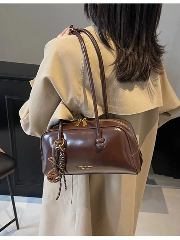 Bolso de Hombro Bowling de Cuero PU Vintage para Mujer Gran Capacidad Brillante Bolso de Axila Retro Con Colgante