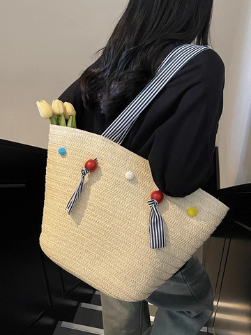 Borsa Tote in Paglia Intrecciata a Grande Capacità da Donna Tracolla a Righe Con Pompon Colorati per Vacanze Estive al Mare