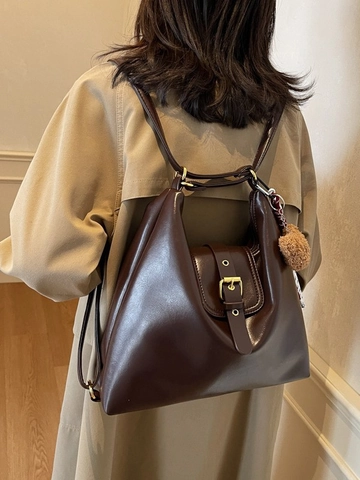 Vintage PU Leather Large Capacity Backpack Women Fashion Commuter Shoulder Bag High Gloss Solid Color Backpack With Bear Pendant