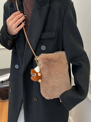 Sac Bandoulière Femme en Peluche Fausse Fourrure pour Téléphone Portable Sac Seau Souple Avec Pendentif Monstre